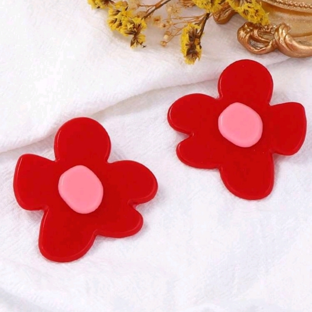 NEW! ZARA Statement Huge Red and Pink Flower Post Earrings - Picture 5 of 5